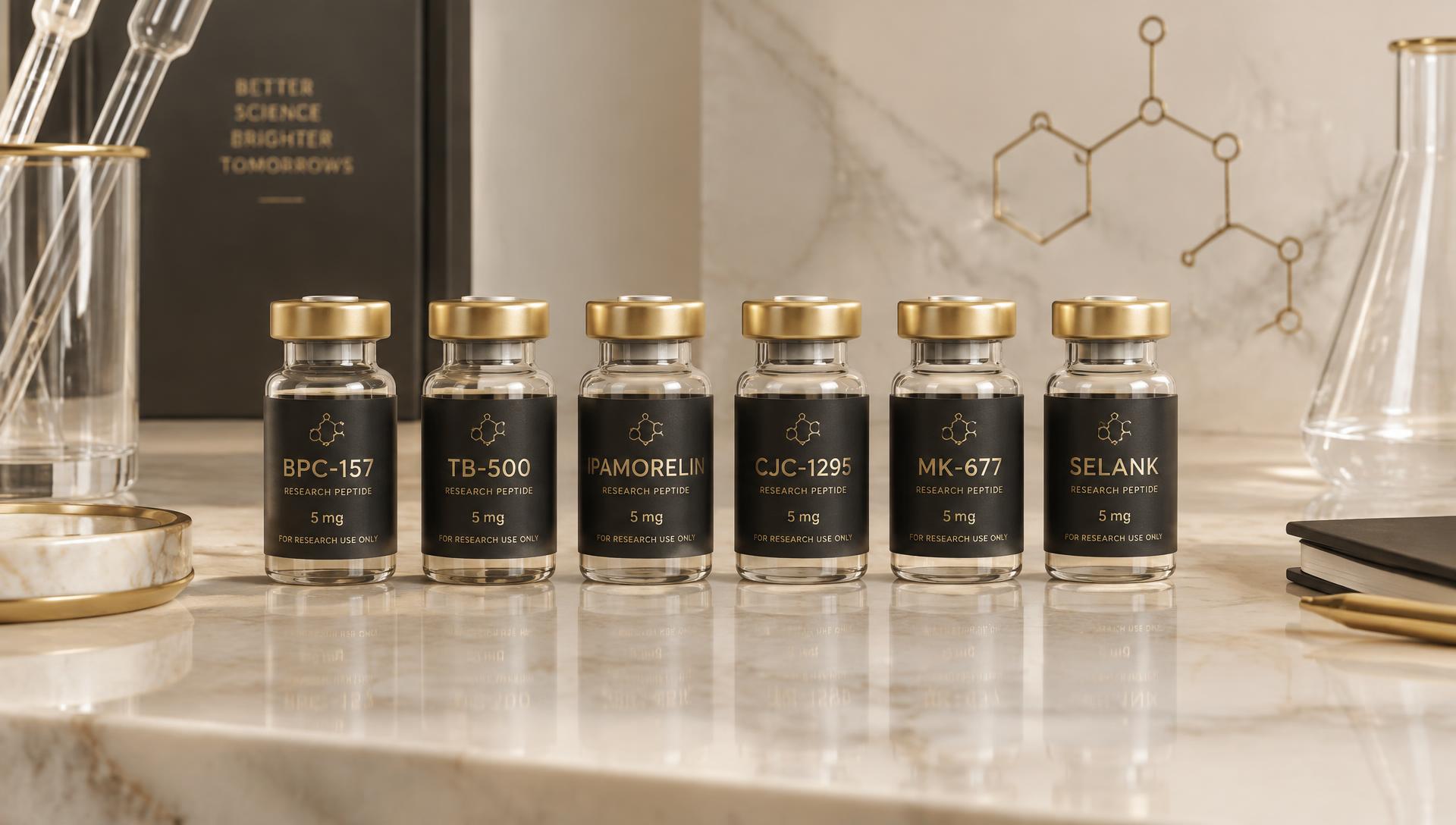 Aura Peptide Co. laboratory bench with sealed research vials