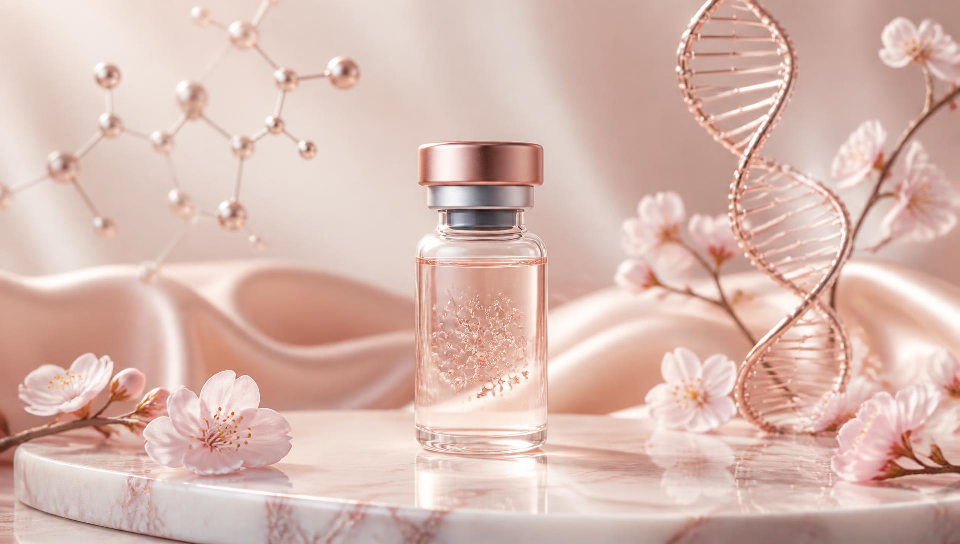 Aura Peptide Co. research vials on a blush marble surface