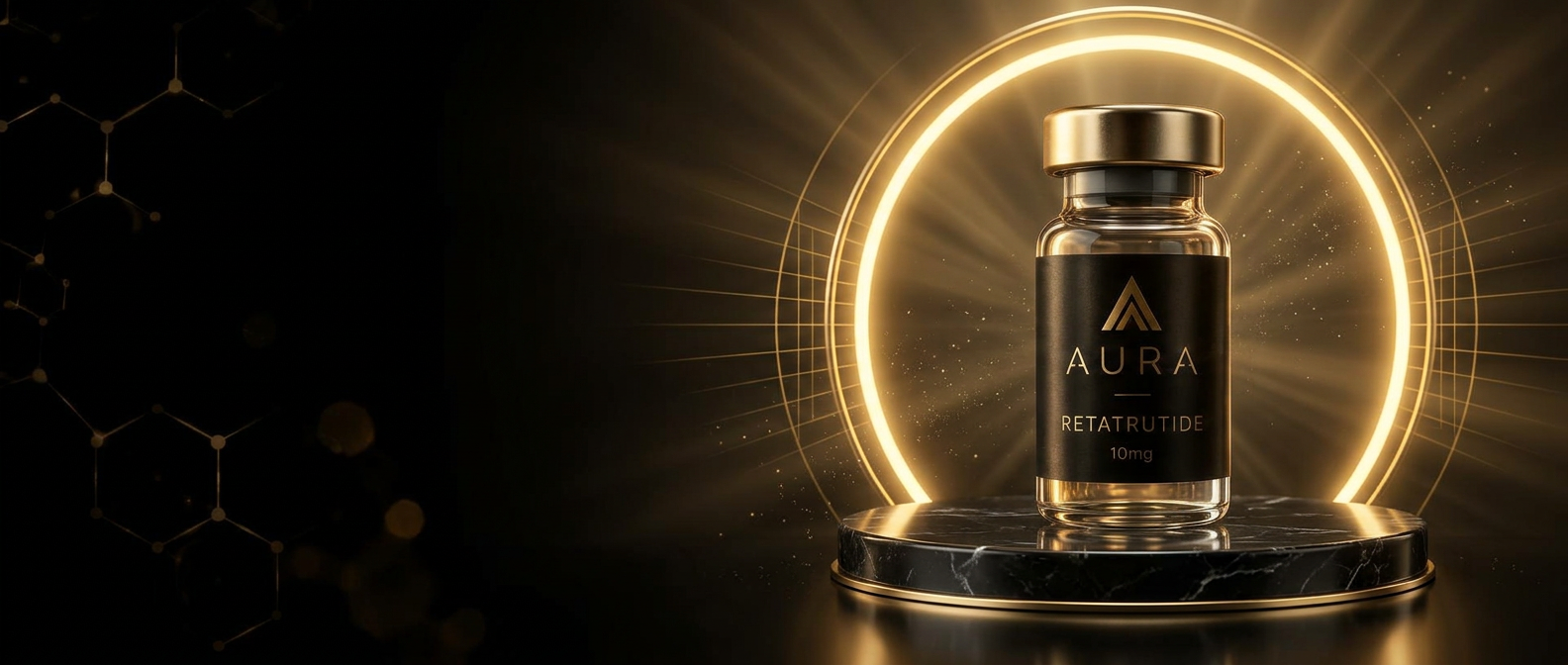 Aura Retatrutide 10mg research vial with gold DNA helix on black